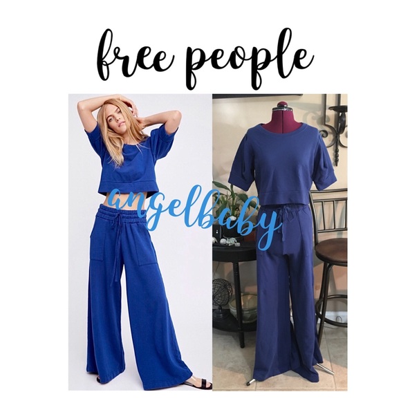 Free People Pants - HP 💙 Free People Beach Wide Leg Pants and Crop Top Set in  Navy!